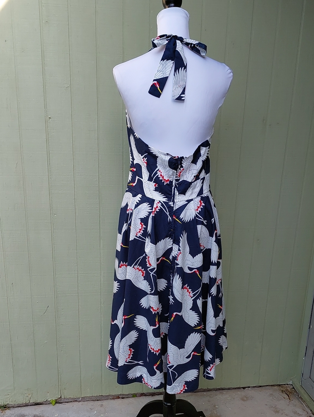 Unique Vintage Halter Crane Button Navy White Midi Dress Sz L - Picture 7 of 15